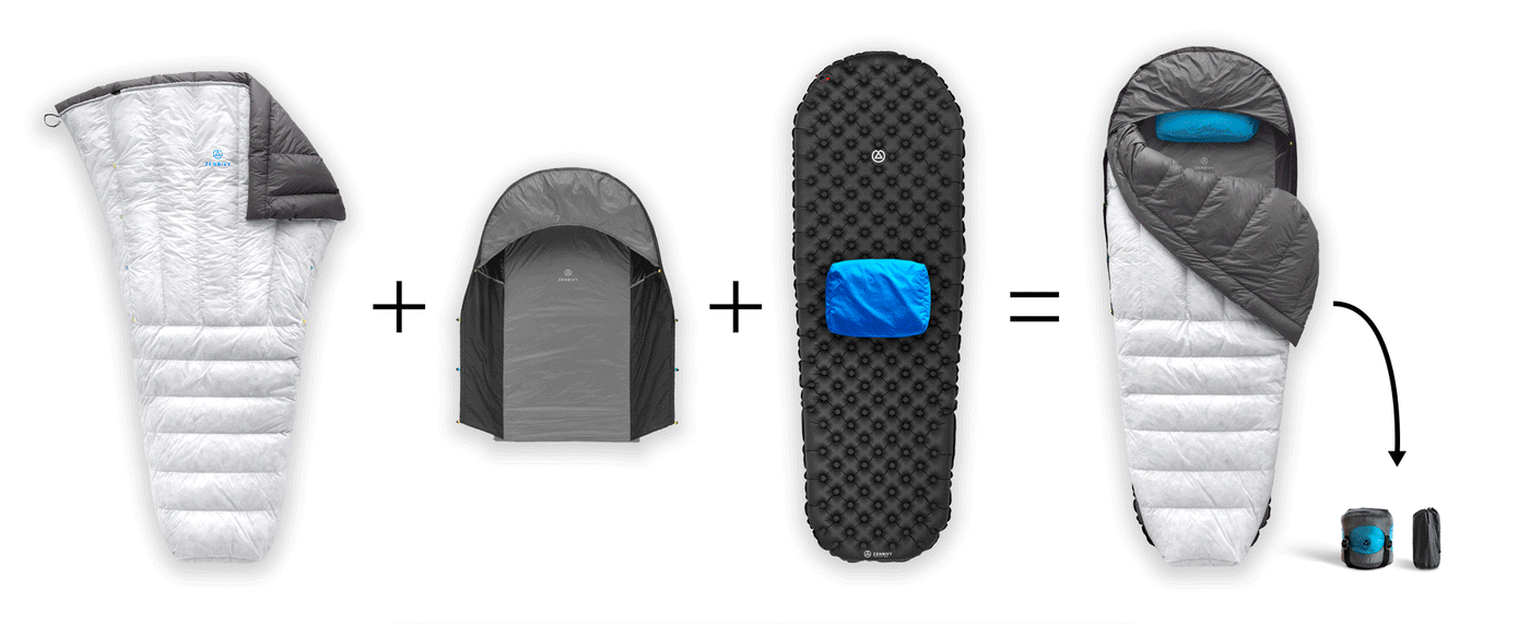 Complete Zenbivy sleep systems include a quilt, sheet, camp mattress, pillow, and dry sack. Mix and match to suit your needs.