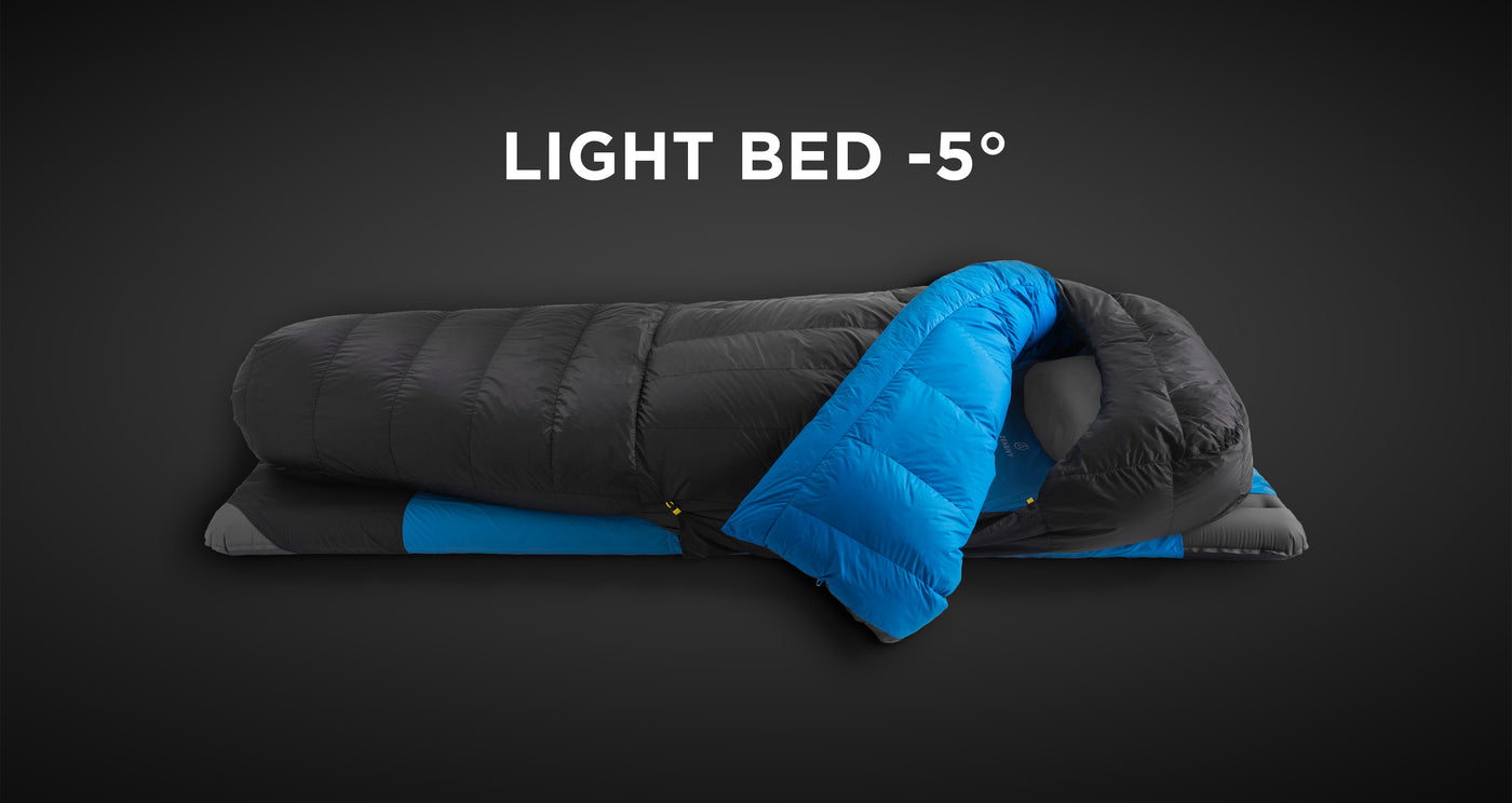 Zenbivy Light Bed -5°F modular sleep system in black and blue, designed for winter camping comfort with mummy bag warmth and backpacking quilt versatility.