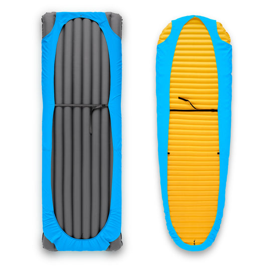 Zenbivy sheets shown fitting both rectangular and tapered camping mattresses.