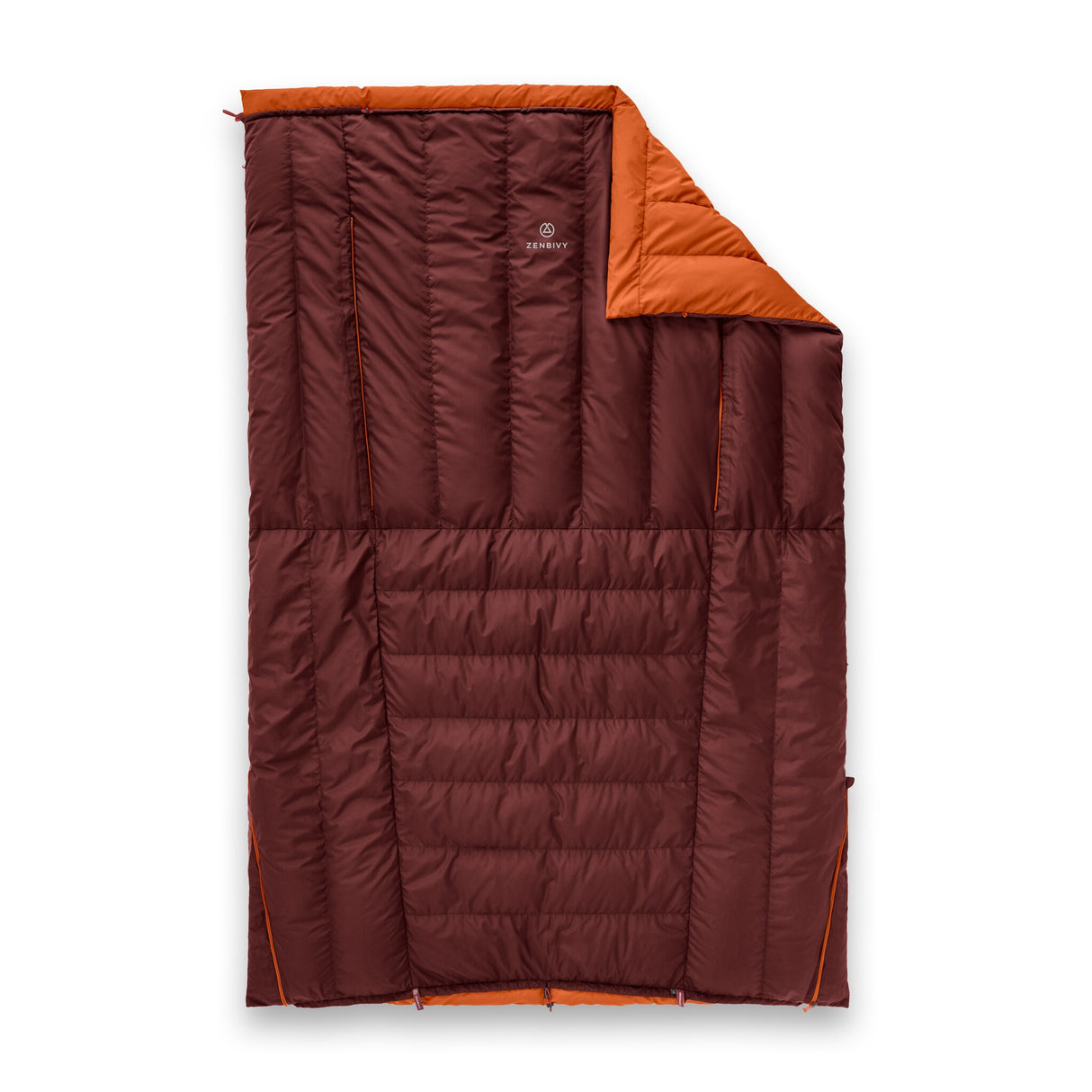 Zenbivy ZipBed Overland quilt shown laid flat in rectangular form with burgundy and orange color scheme.