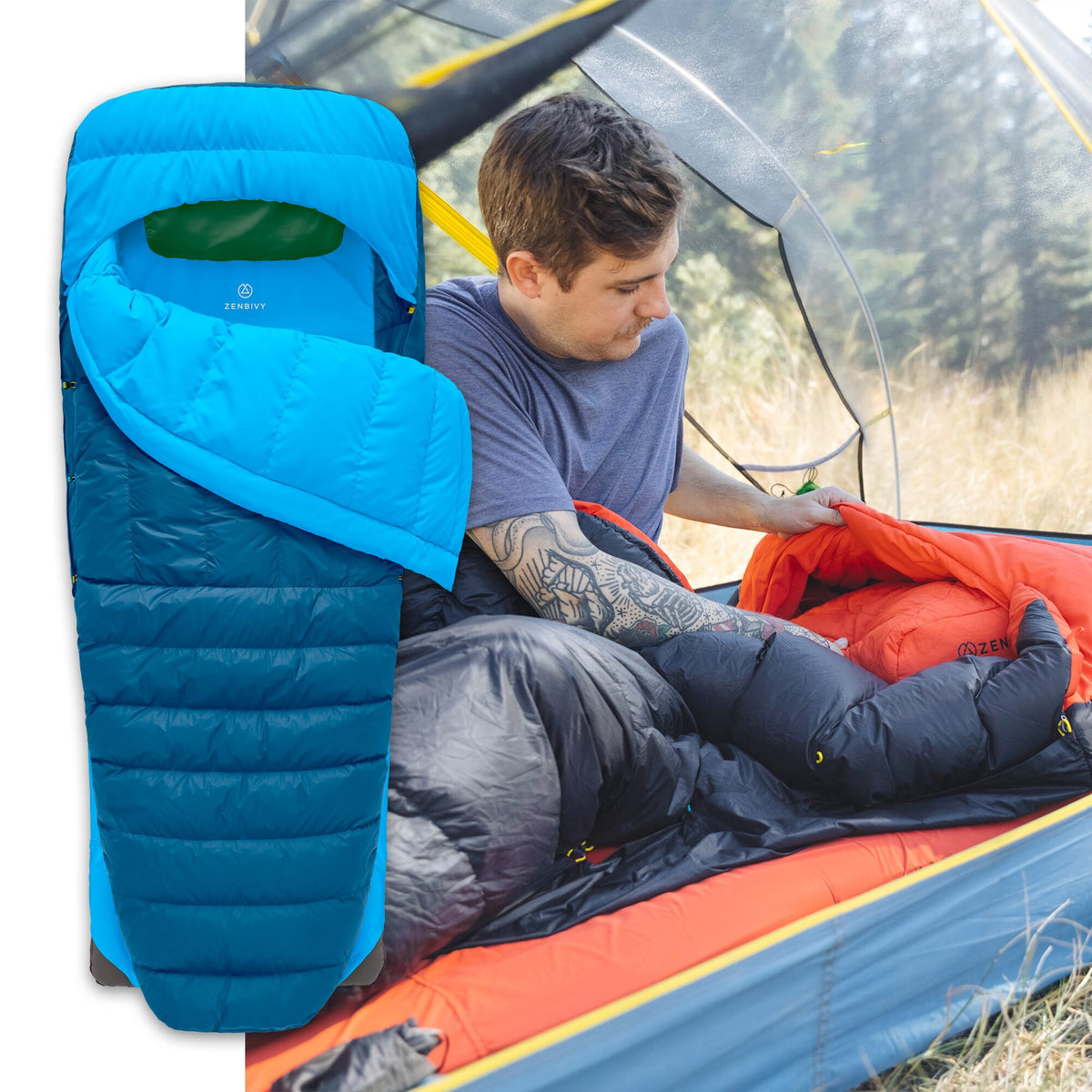 Zenbivy Core Quilt system in blue, lightweight modular sleeping bag setup shown inside tent with camper organizing gear in forest campsite.