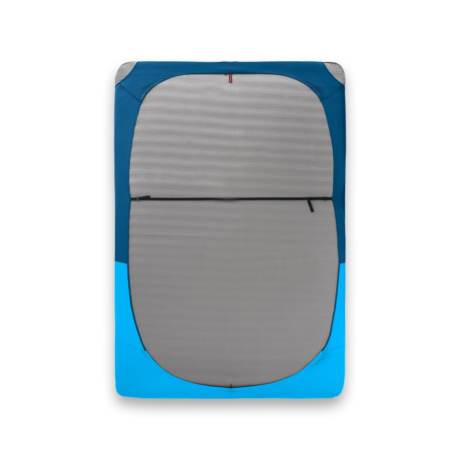 Zenbivy double sheet shown fitted around a single double-wide mattress, secured with a strap across the back.