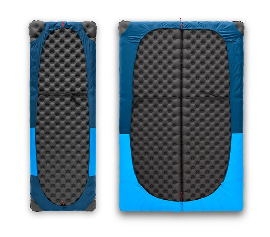 Zenbivy sheets shown fitted over rectangular and tapered camping mattresses, highlighting compatibility with most standard mattress shapes and sizes.