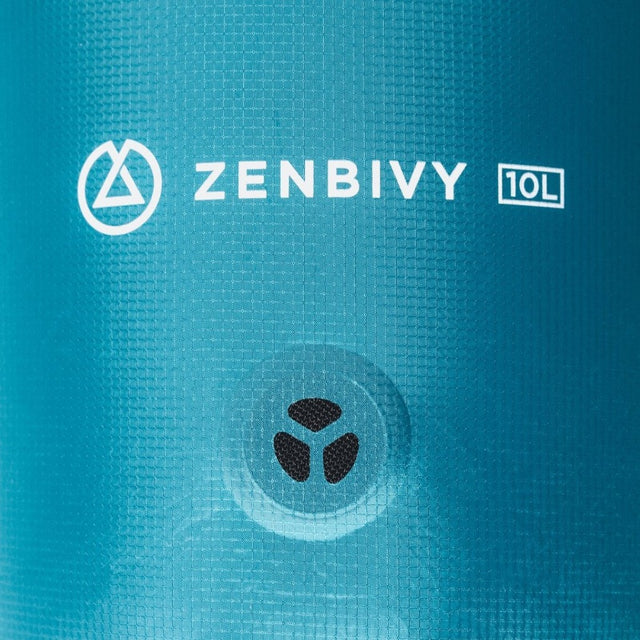 Zoomed-in view of a blue Zenbivy Dry Sack with branding and a high-speed compression valve.