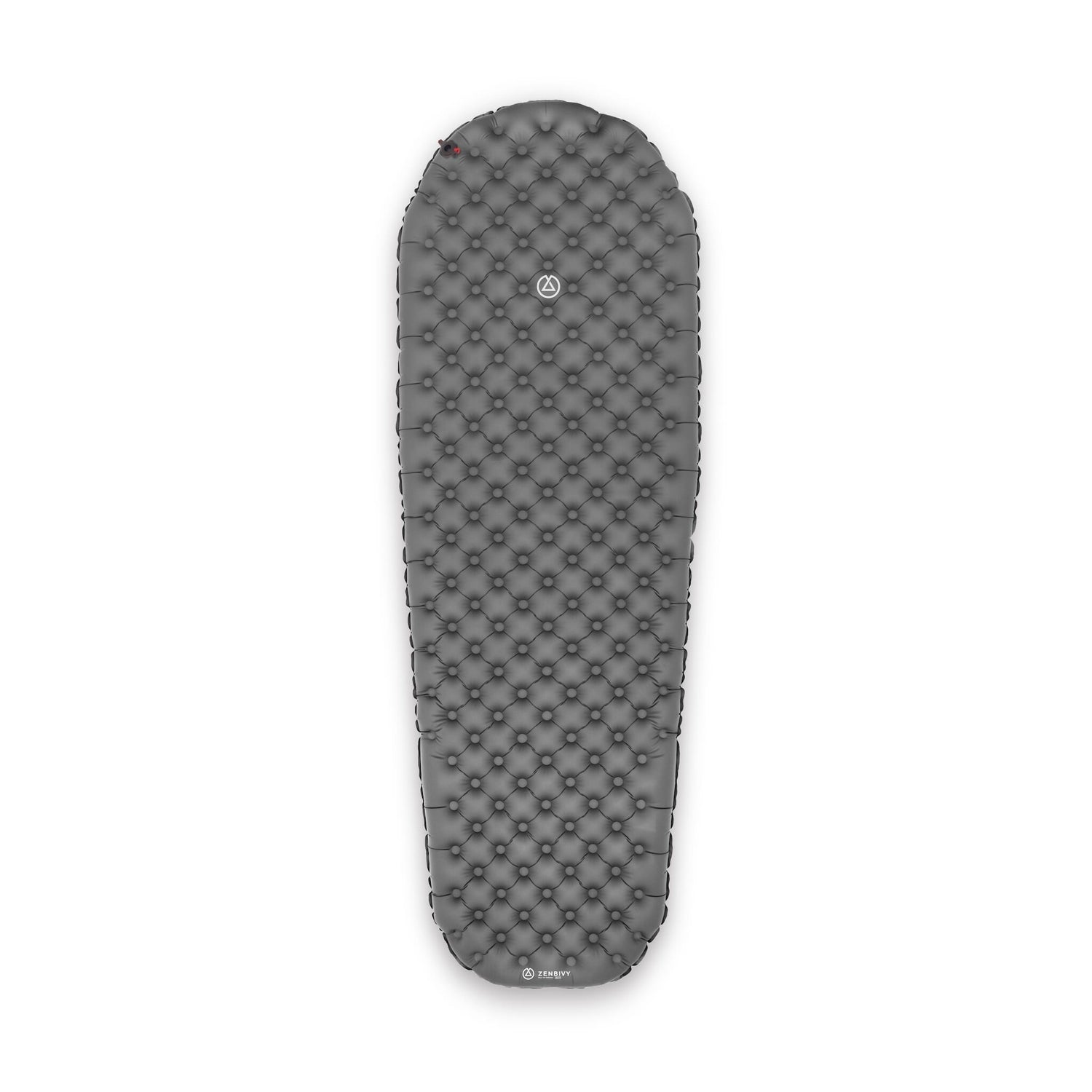 Top-down view of tapered Zenbivy mattress, illustrating its narrow foot section designed to reduce bulk and save weight for backpacking.