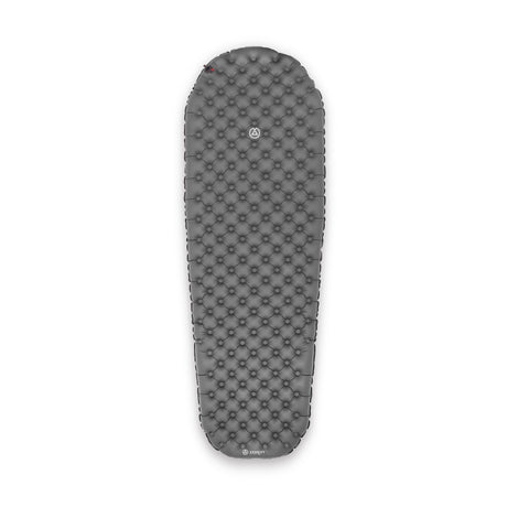 Top-down view of tapered Zenbivy mattress, illustrating its narrow foot section designed to reduce bulk and save weight for backpacking.