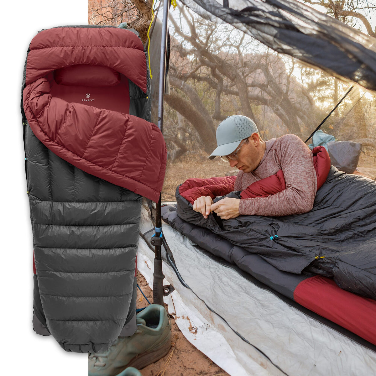 Zenbivy Light Bed sleep system in black and red, used by backpackers inside tent at sunrise, showcasing lightweight modular camping gear.