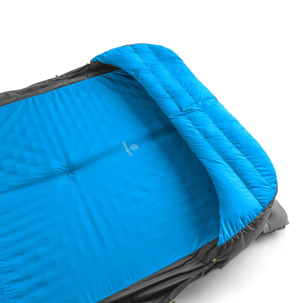 Close-up of Zenbivy double bed's wide insulated hood in blue, designed for two-person comfort.
