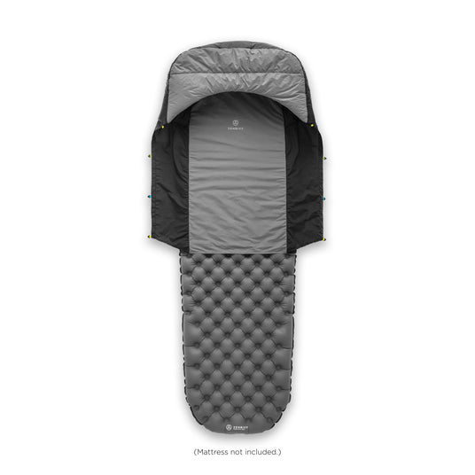 Zenbivy Half Length sheet in gray, lightweight and packable camping sheet designed for ultralight backpacking sleep systems.