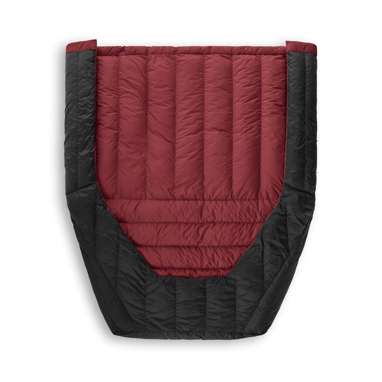 Botton view of Zenbivy Light Quilt Double with fixed double footbox design in maroon and black, providing spacious warmth and freedom of movement for two campers.