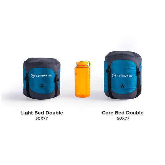 Zenbivy Light Bed Double and Core Bed Double packed in dry sacks, shown next to a 1L Nalgene bottle for size comparison.