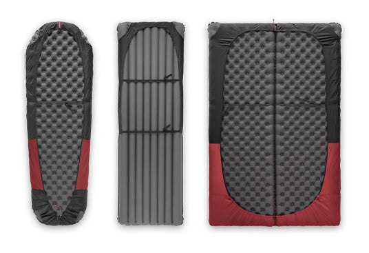 Zenbivy sheets shown fitted on single and double camping mattresses, designed to accommodate standard rectangular and tapered sleeping pads.