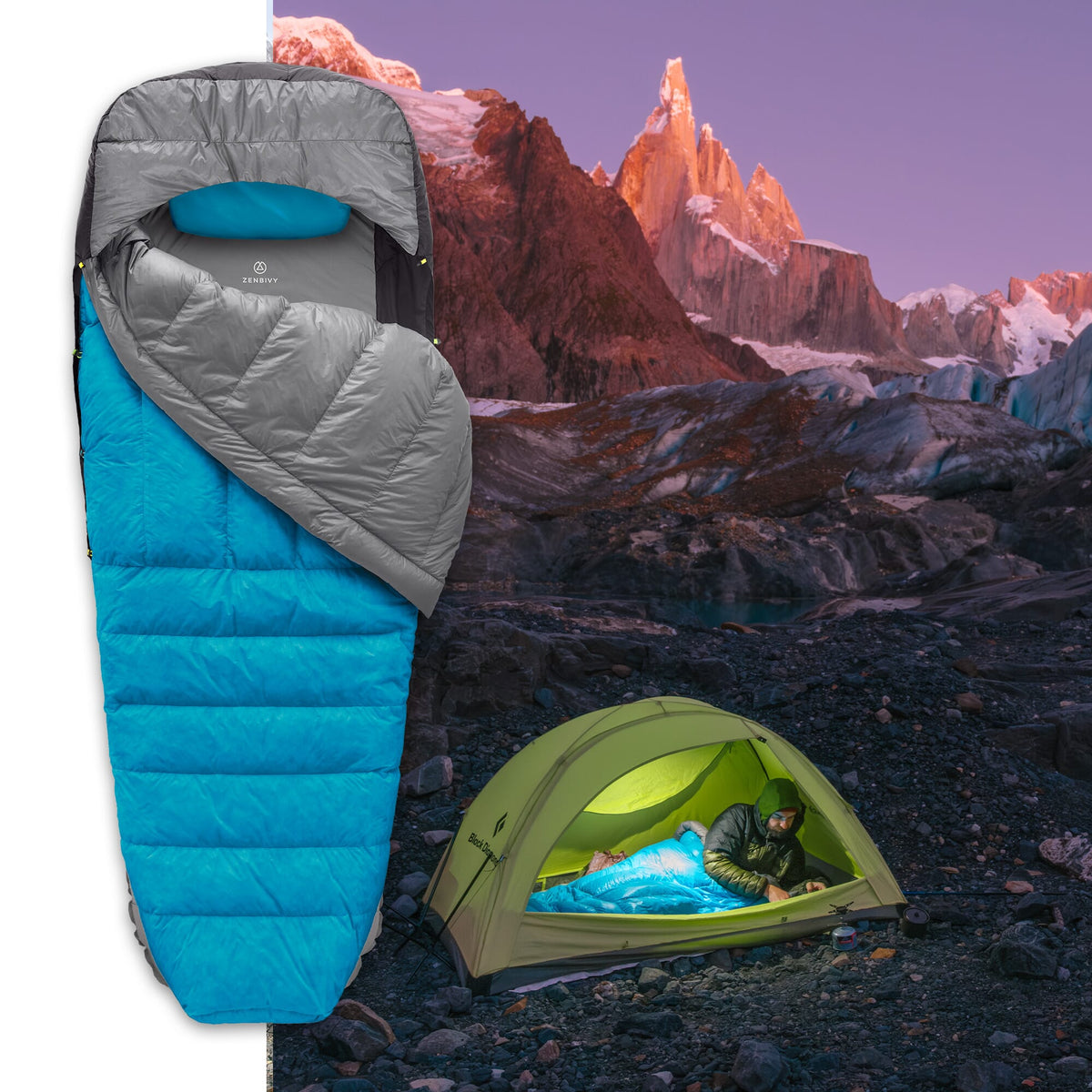 Ultralight Zenbivy sleeping bag system with gray and white quilt, displayed at high-altitude campsite by glacial lake and rocky cliffs.