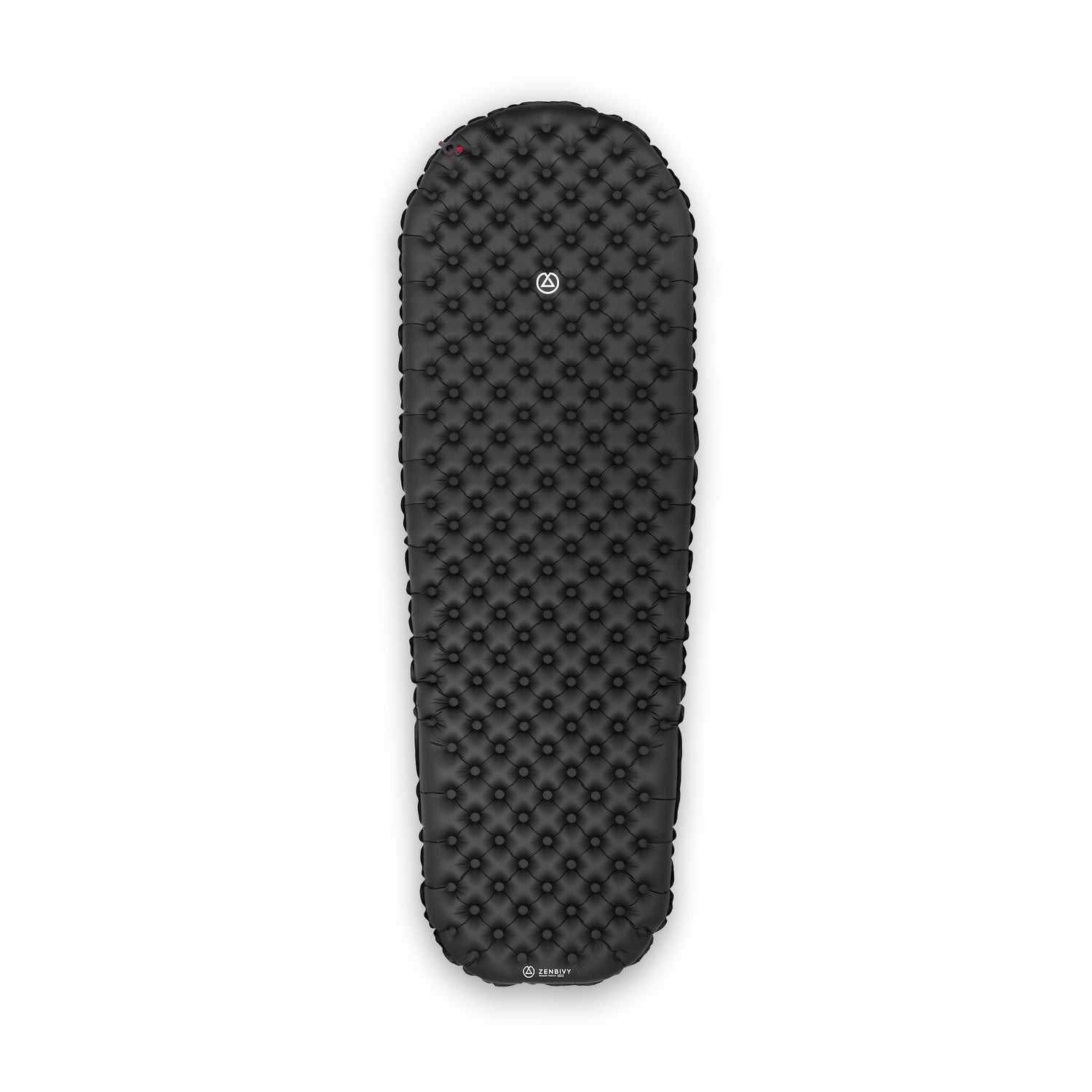 Top-down view of tapered Zenbivy mattress, illustrating its narrow foot section designed to reduce bulk and save weight for backpacking.