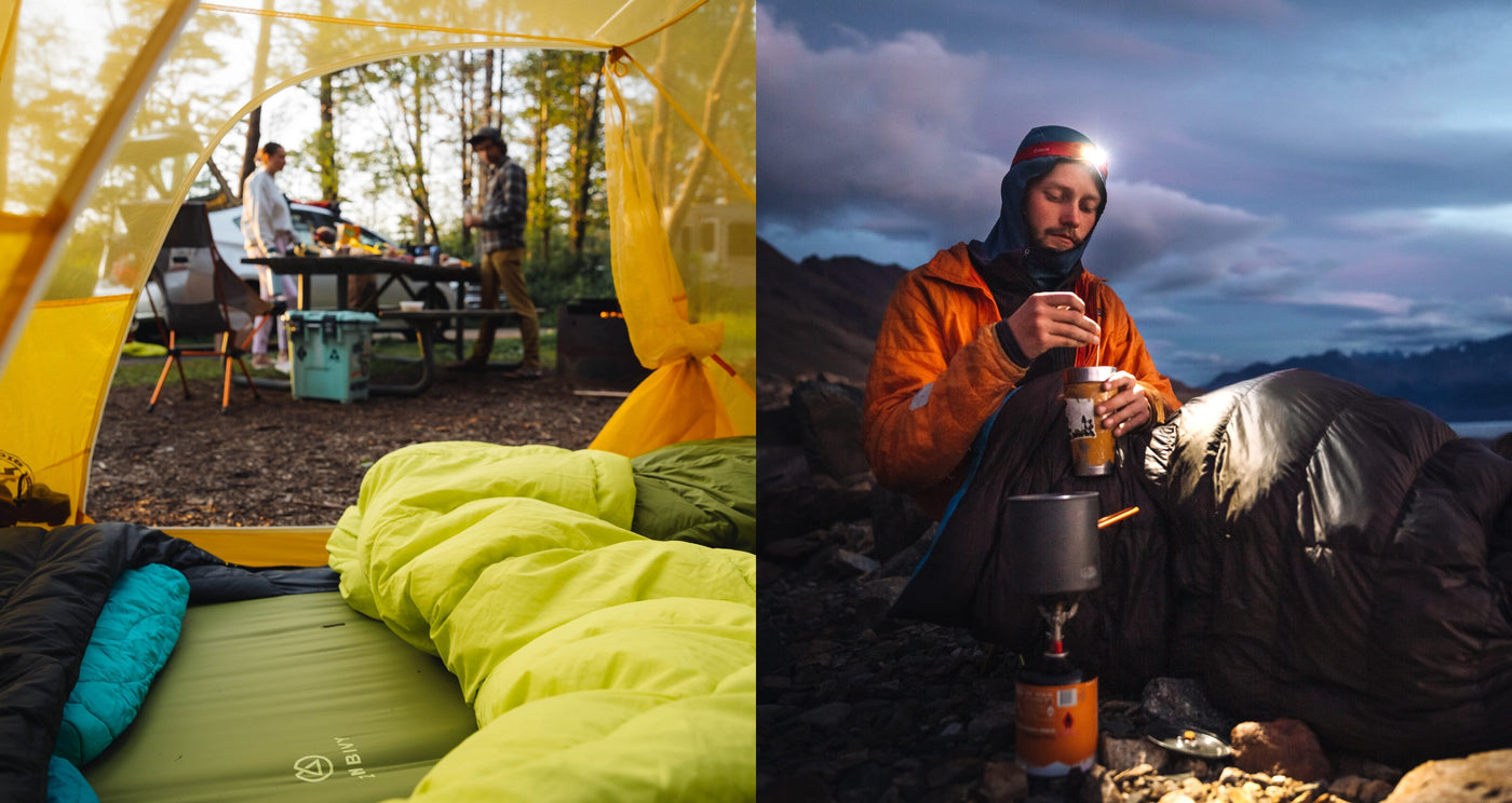 Left: View from inside a tent showing two Zenbivy sleeping bags and campers at a picnic table. Right: Camper cooking dinner while wrapped in a Zenbivy sleeping bag by a mountain lake at dusk.