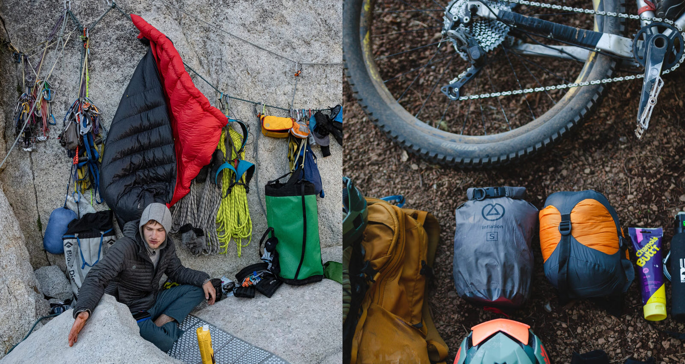 Left: Climber resting at a rock wall with ropes, gear, and a Zenbivy sleeping bag hanging. Right: Close-up of a bike wheel, backpack, and packed Zenbivy gear ready for travel.