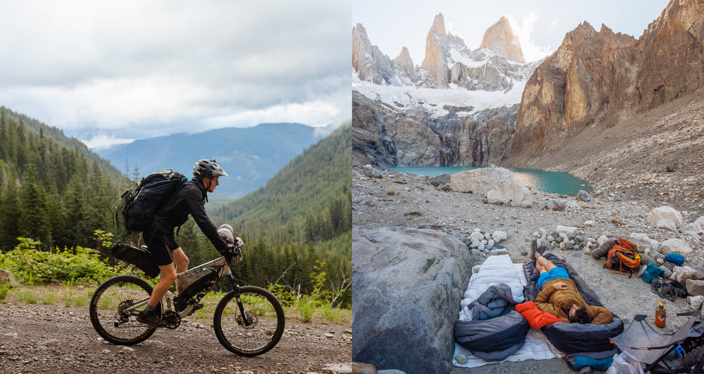Left: Bikepacker riding through a forested mountain trail. Right: Camper relaxing in a Zenbivy sleeping bag by a glacial lake surrounded by rocky peaks.