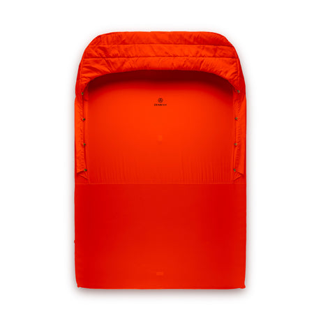 A bright red sleeping pad liner designed to hold two mattresses together, with a synthetic insulated hood.