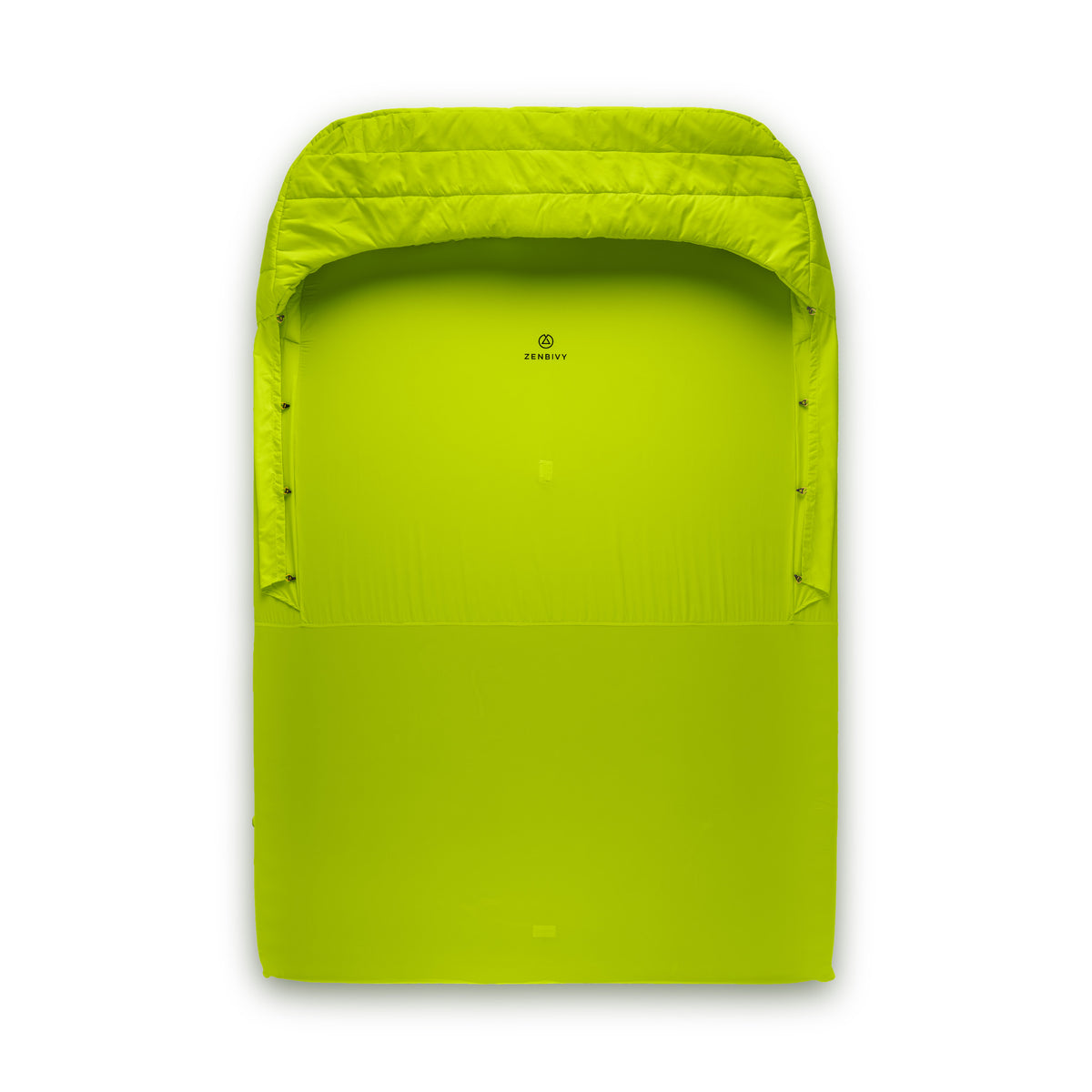 A bright green sleeping pad liner designed to hold two mattresses together, with a synthetic insulated hood.