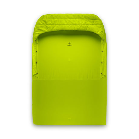 A bright green sleeping pad liner designed to hold two mattresses together, with a synthetic insulated hood.