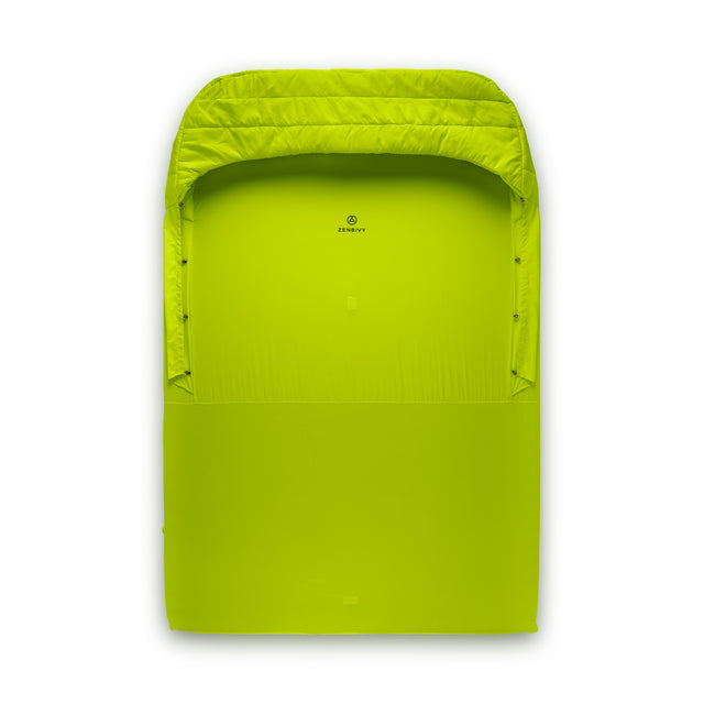 A bright green sleeping pad liner designed to hold two mattresses together, with a synthetic insulated hood.