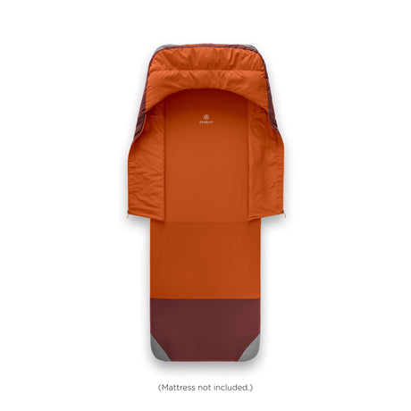 Zenbivy ZipBed Overland sheet displayed on mattress, orange and burgundy color scheme.