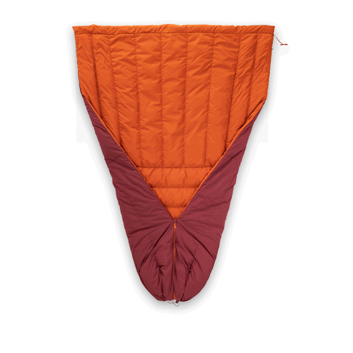 Zenbivy ZipBed Overland with extra-wide convertible footbox, shown open with orange outer and maroon inner fabric.
