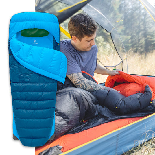 Zenbivy Core Quilt system in blue, lightweight modular sleeping bag setup shown inside tent with camper organizing gear in forest campsite.
