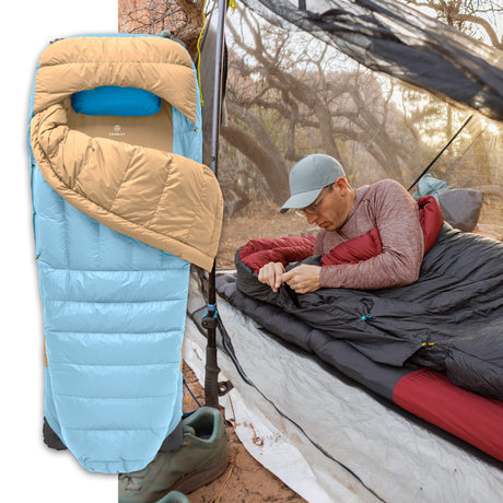 Zenbivy Light Bed sleep system in black and red, used by backpackers inside tent at sunrise, showcasing lightweight modular camping gear.