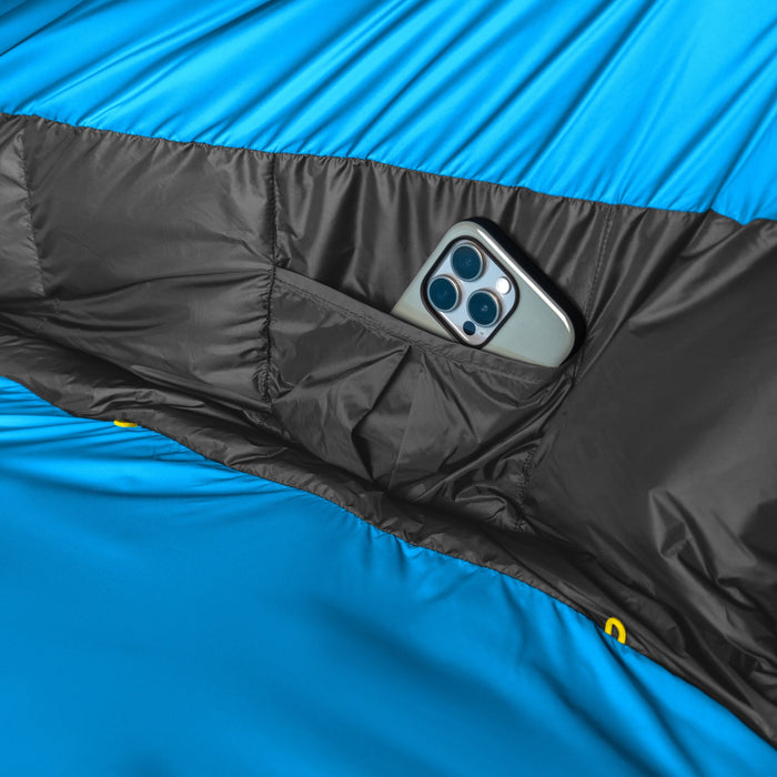 Zenbivy sheet interior pocket with a phone inside, showing pillow clip attachment points.