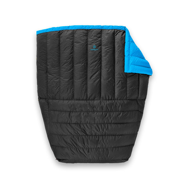 Zenbivy double quilt shown flat with blue interior and black exterior.