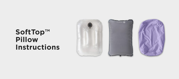 A Zenbivy pillow bladder, pillow topper, and pillowcase next to text "SoftTop Pillow Instructions"
