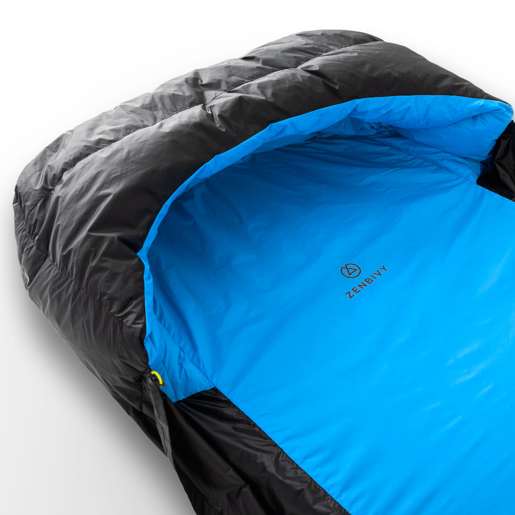 Zenbivy sleeping bag hood showing the rectangular shape that increases comfort and warmth