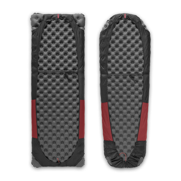 Two Black/Burgundy Zenbivy sheets on mattresses, one rectangular mattress and one tapered mattress to show versatile fit.